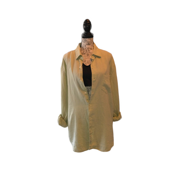 Women's Merona Pea Green 100% Linen Boxy Button Up Shirt Large Boxy Lagenlook - Picture 4 of 10